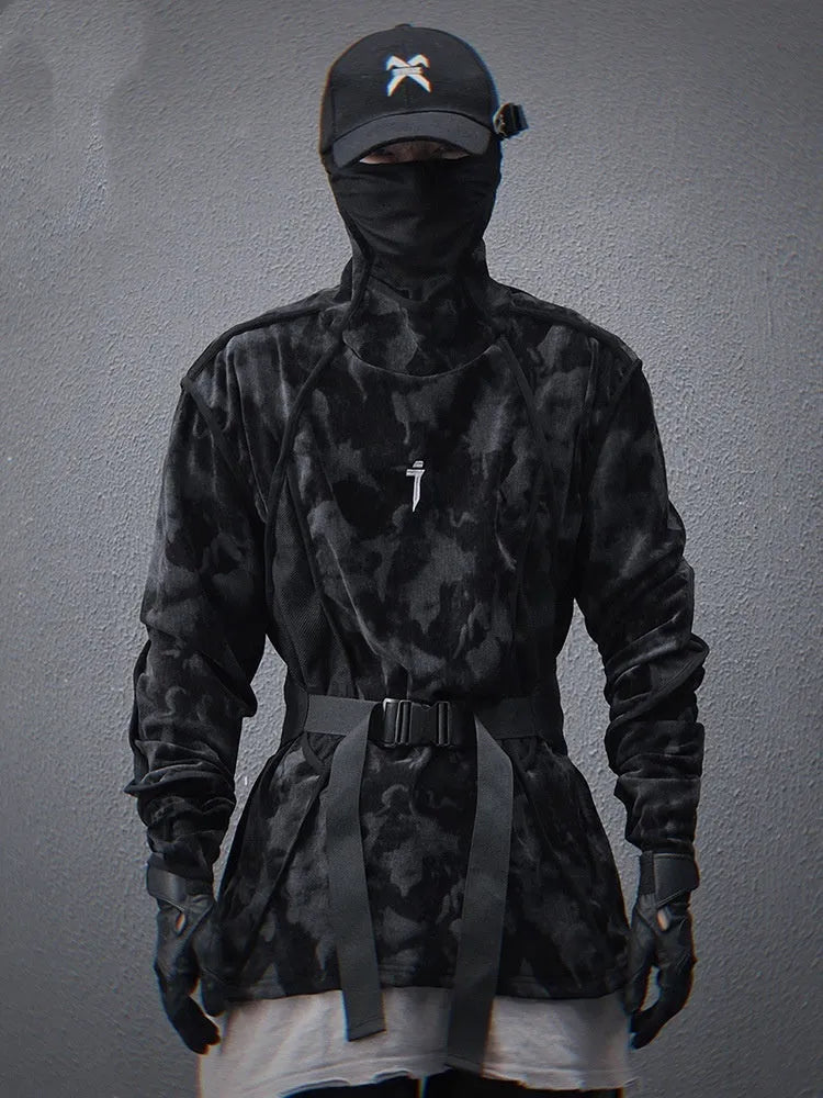 Men's black tie dye printed turtleneck sweater with drop shoulder design