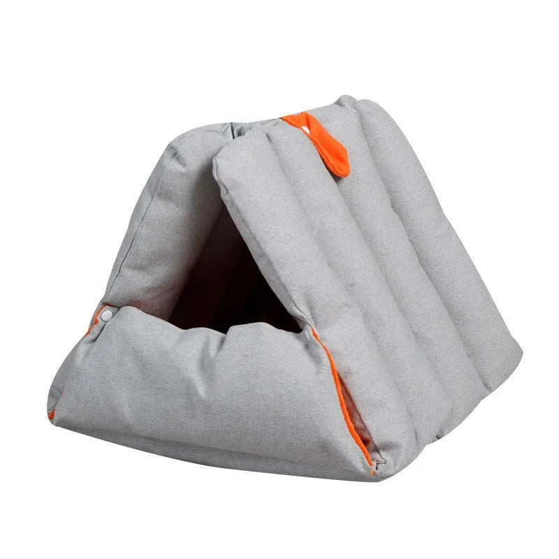 Blue triangular cotton cat bed with a removable cover, showing drilled holes on the side for combination.