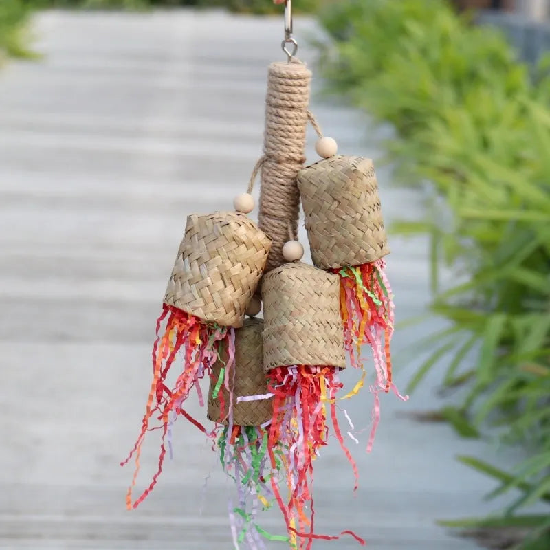 Colourful shredded paper hanging bird toy for parrots with wooden frame and sisal rope