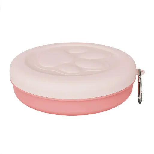 Portable dog food and water bowl shown in light pink and green, available in two-colour or single-colour design and S or L sizes.