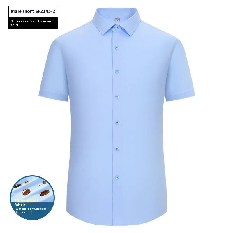 Men's slim fit waterproof bamboo fibre dress shirt with square collar and long sleeves.
