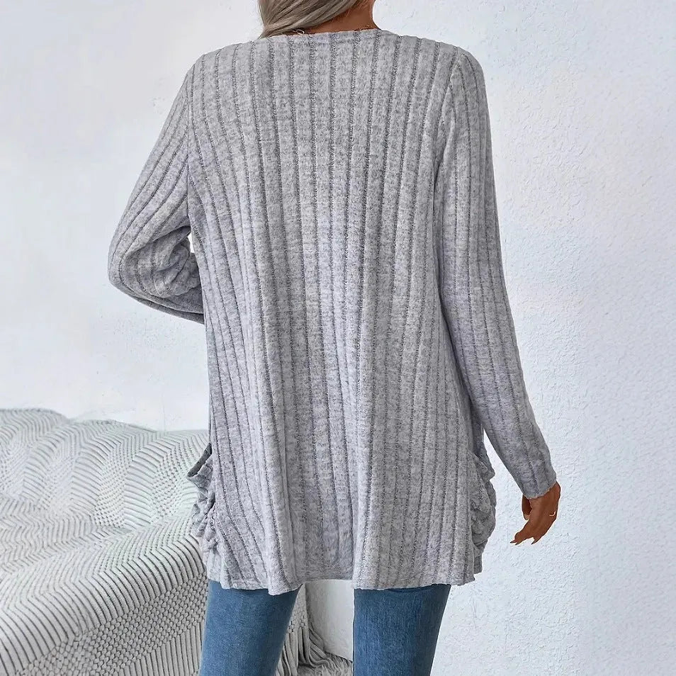 Solid colour long sleeve cardigan with pockets in loose fit design available in black and granny grey