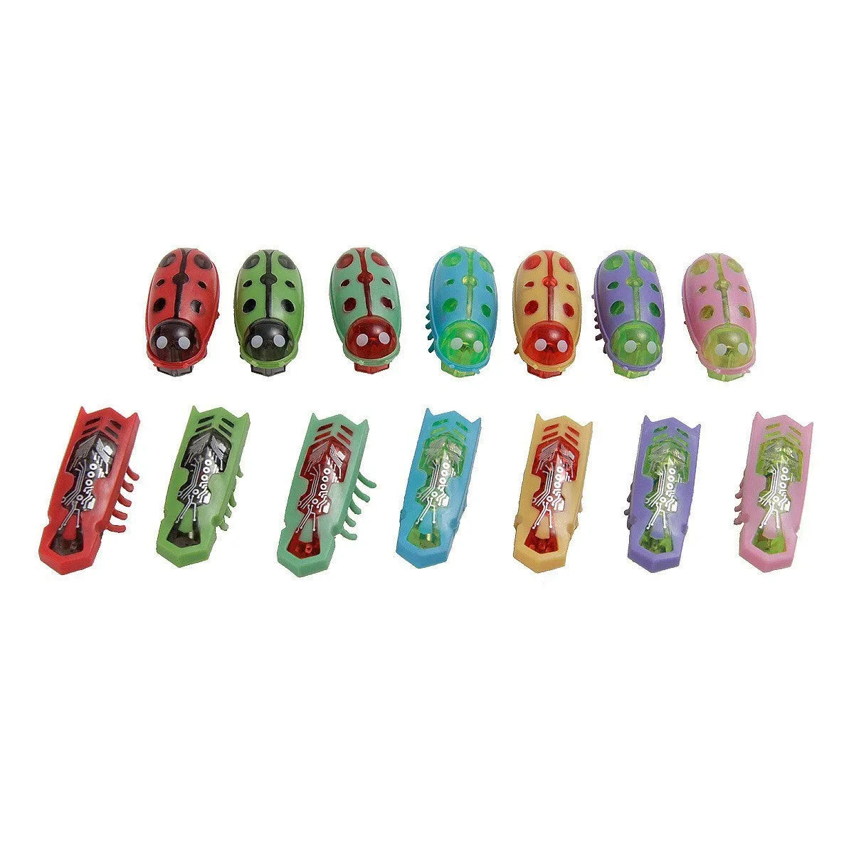 Miniature electric cat teaser toy with ladybug and iron cow designs in red, black, green, and purple colours