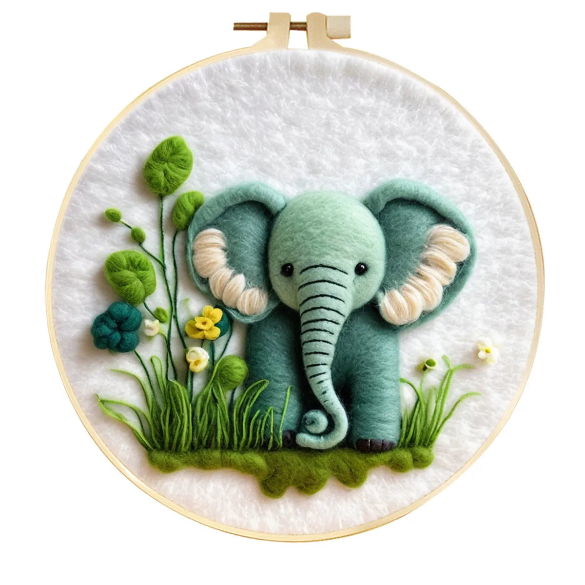 Round linen embroidery kit with wool felt pieces for 3D flowers and leaves, includes a free frame.