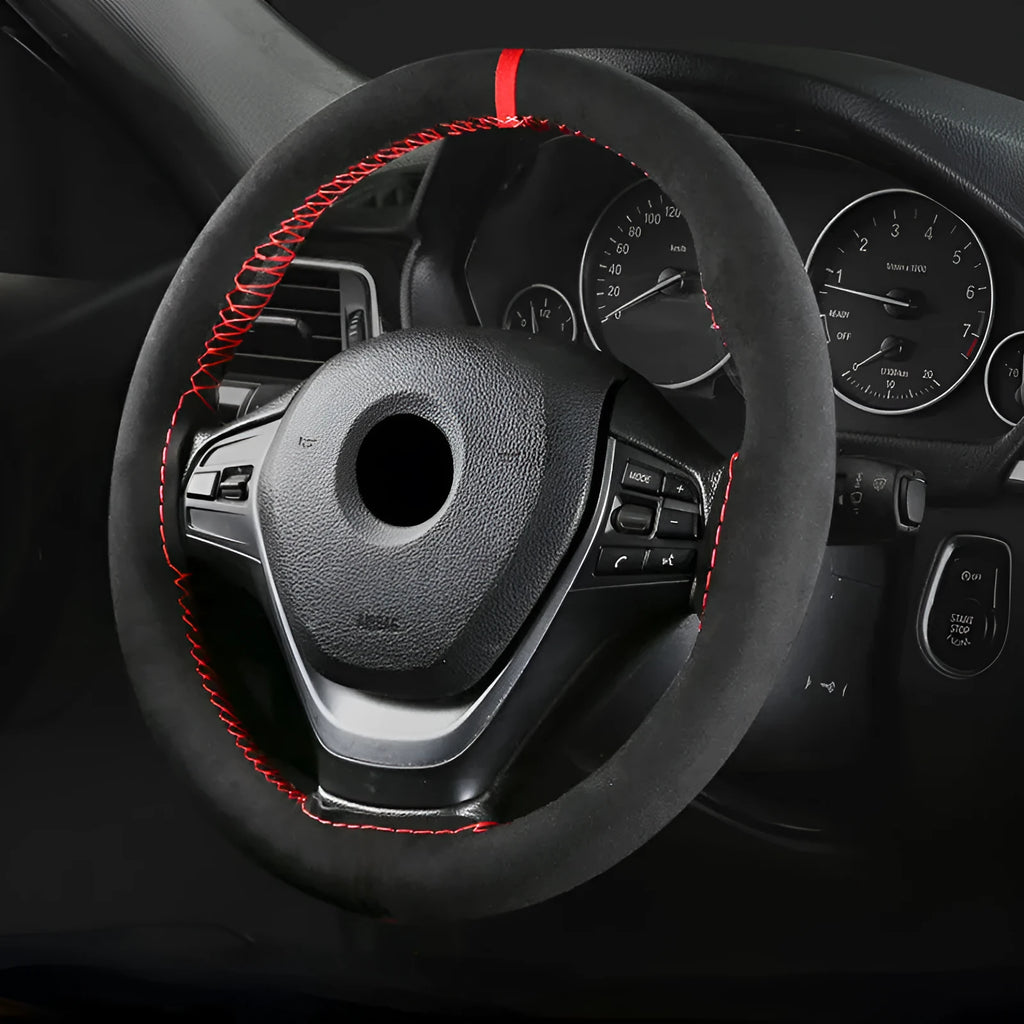 Suede steering wheel cover in various colours with contrast stitching for 38cm diameter steering wheels