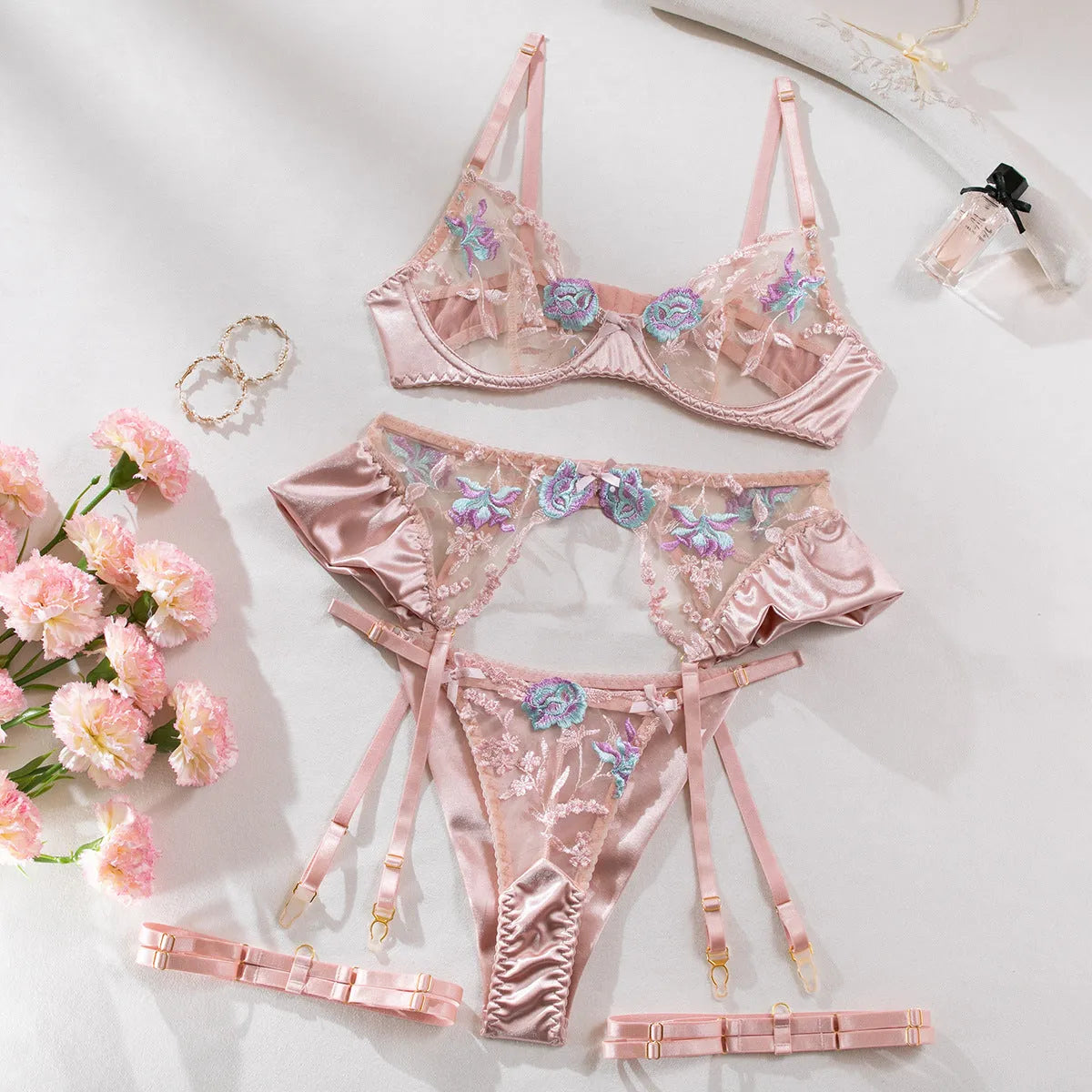 Light purple satin lingerie four-piece set with embroidery in S M L sizes