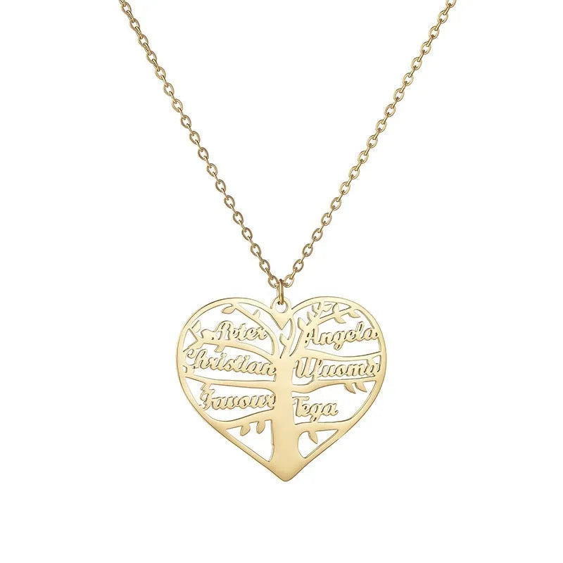 Custom stainless steel name necklace with family tree and hollow heart pendant in gold, silver, or rose gold.
