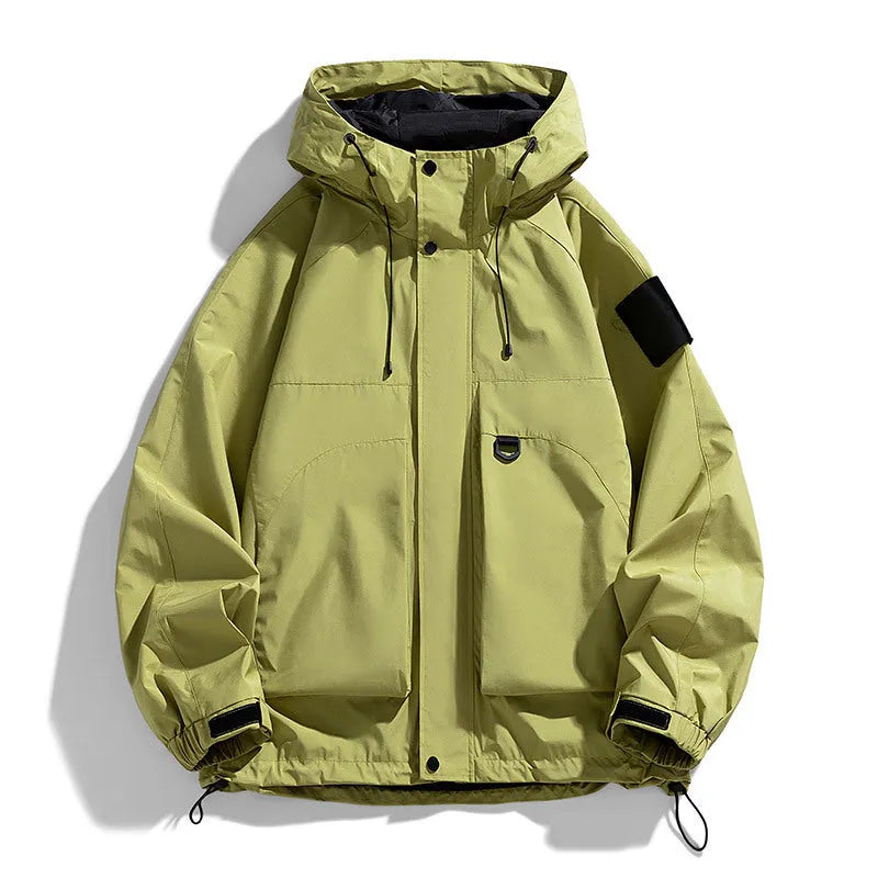 Men's black waterproof windproof hooded jacket with long sleeves