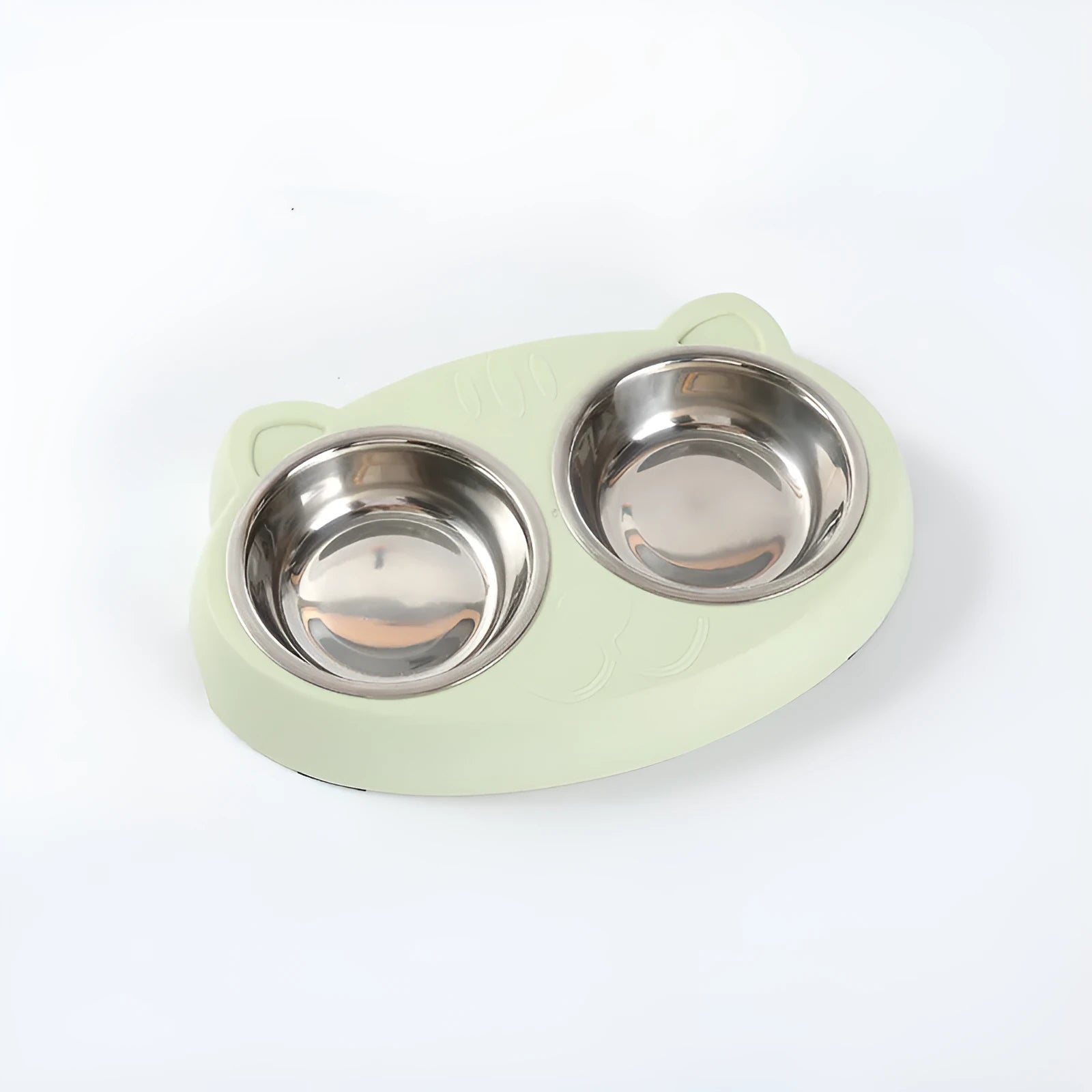 Macaron-style plastic pet feeder with two bowls in blue, green or pink colours