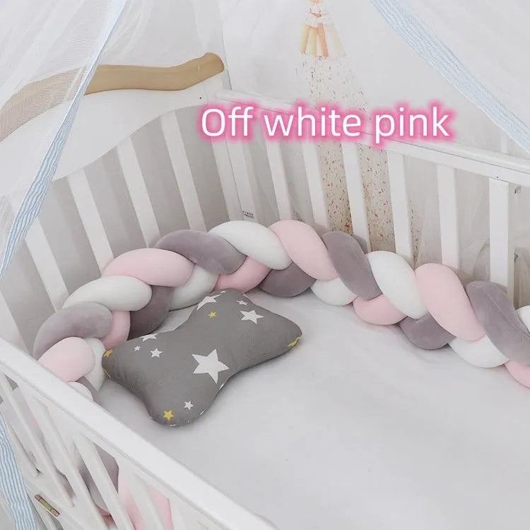 Braided knot crib bumper in spandex velvet, showing flexible length options for cot protection.