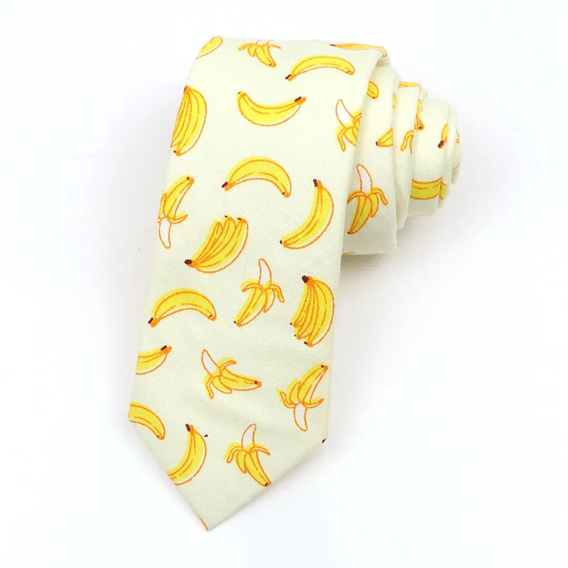 Korean style narrow men's cotton bow tie with a printed cartoon pattern in a selected colour.