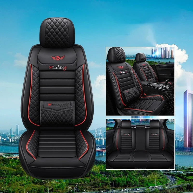 Leather car seat cushion with high elastic sponge filling in red, green, or brown colours.