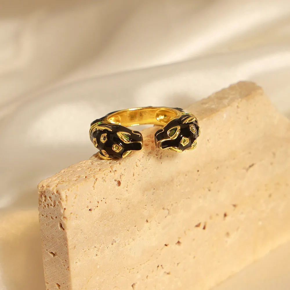 Black cheetah design geometric open ring for women, size 7, made from copper.