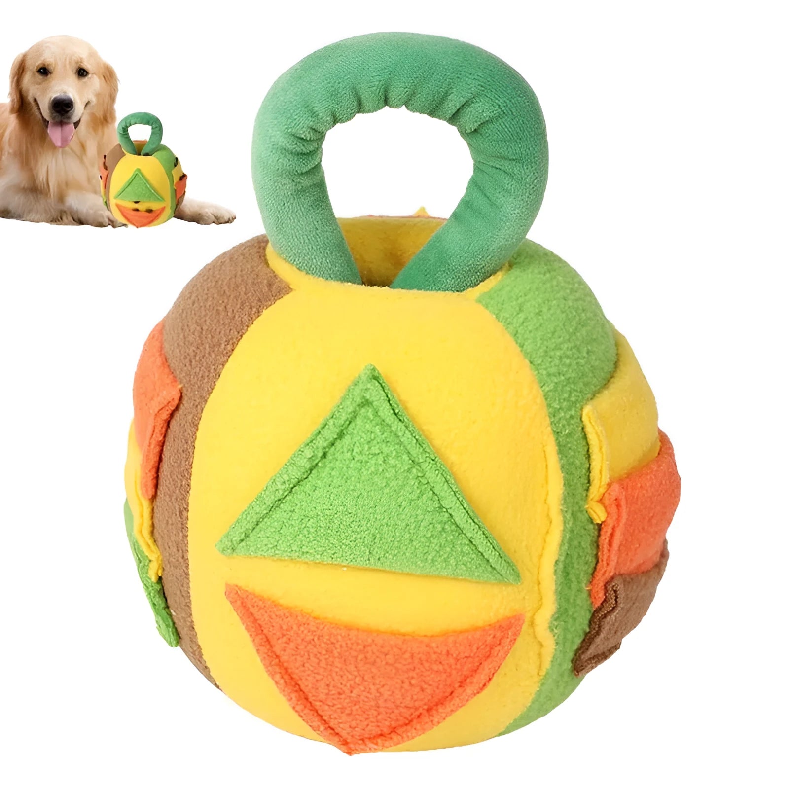 Pink and green plush ball dog toy with squeaker and treat pockets on a white background.