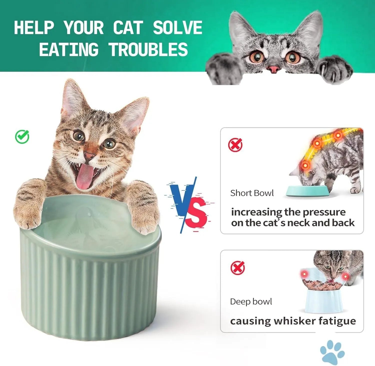 Dark green ceramic elevated cat bowl with tilted design on a wooden surface.