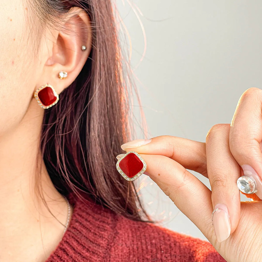 Retro red square alloy earrings geometric shape women's jewellery