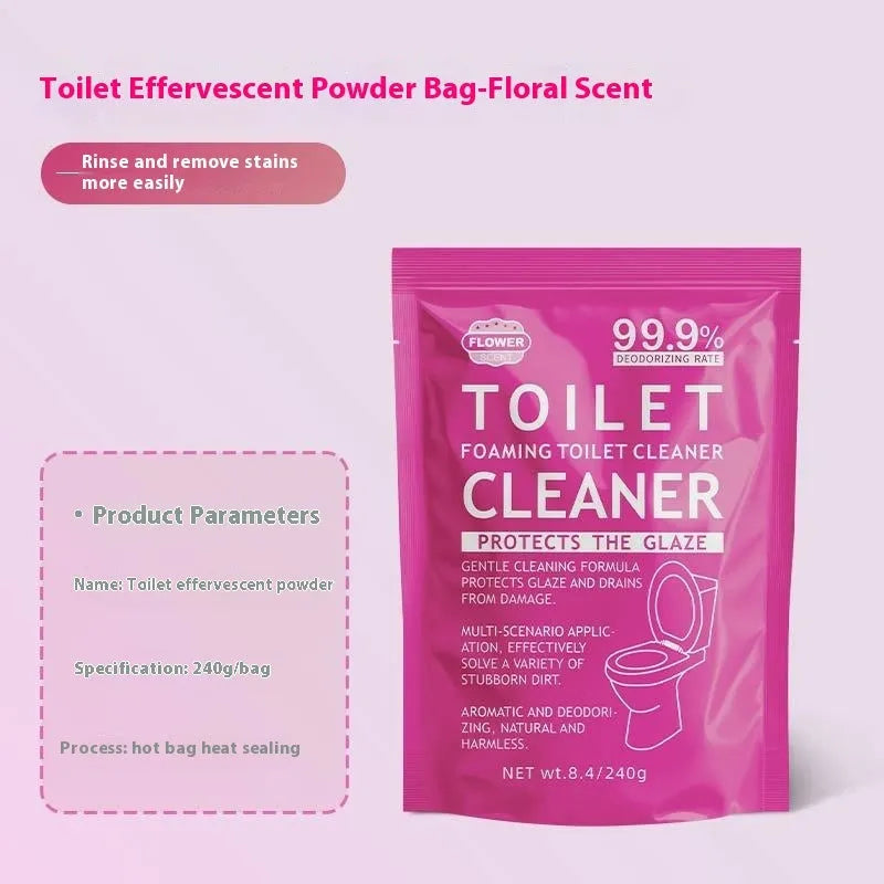 Toilet bubble powder in pink floral and blue ocean fragrance, showing 240g bag and box of five 40g sachets.