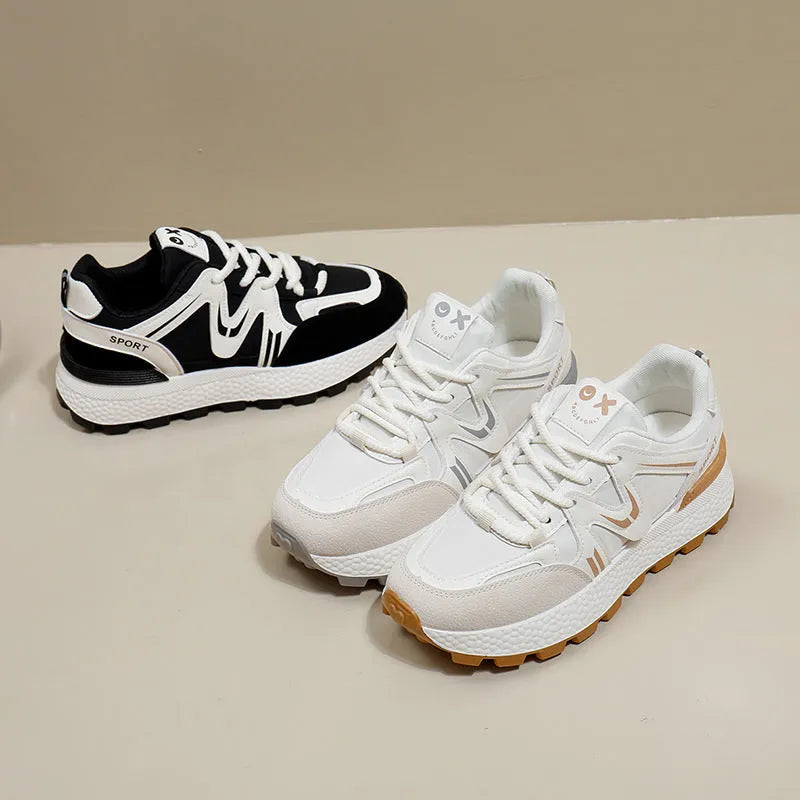 Women's black sports casual shoes with platform flat heel and lace-up front