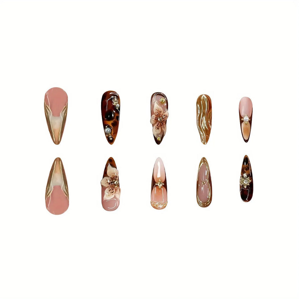 Women's press-on nails with sparkling floral design in colour XM325, medium length