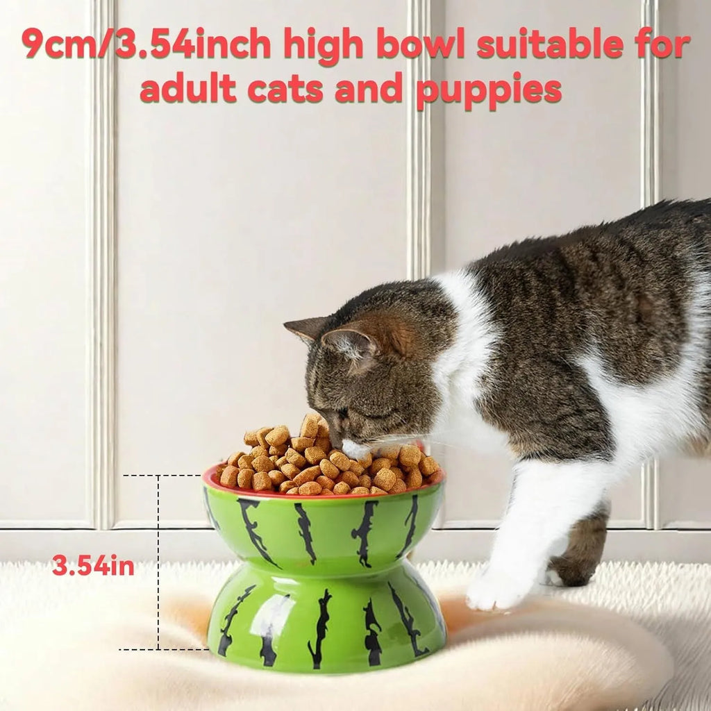Ceramic raised cat feeder bowl in orange patterned design on a white surface.