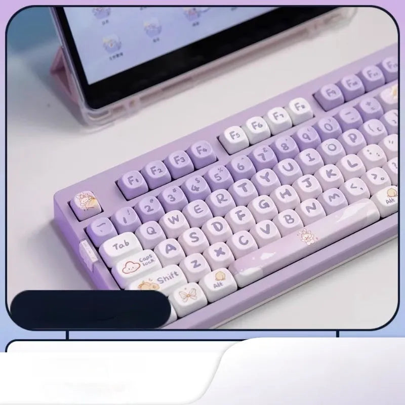 Close-up of a gradient purple and white rabbit design on a PBT mechanical keyboard key cap.