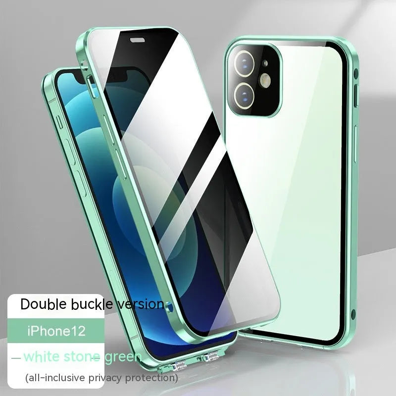 Glass back cover phone case for iPhone with double-sided buckle, shown in silver grey colour.