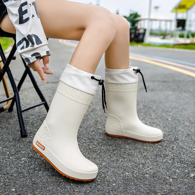 Women's solid colour PVC rain boots with non-slip soles in apricot waterproof mouth colour