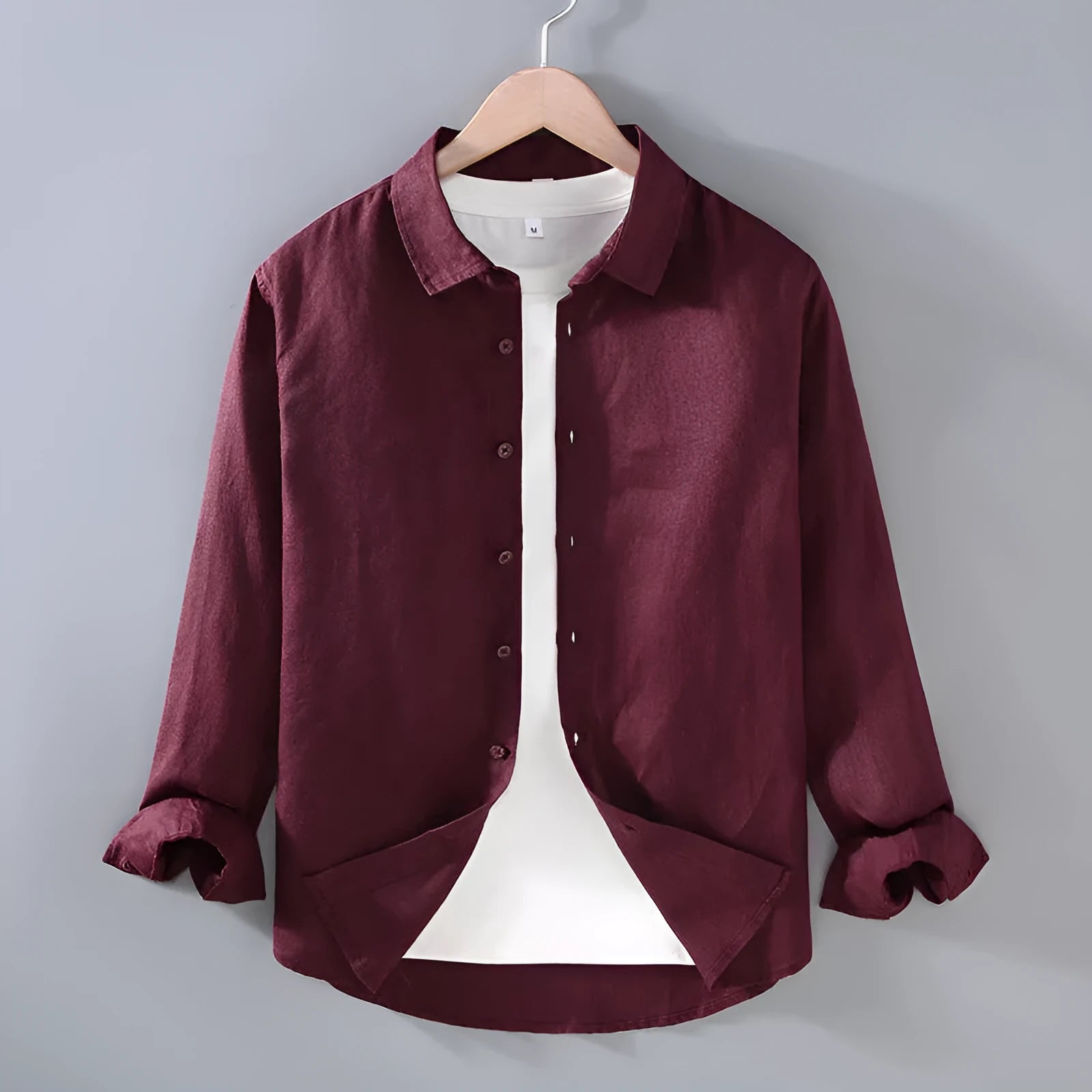 Men's linen shirt in solid colour with cardigan styling and long sleeves