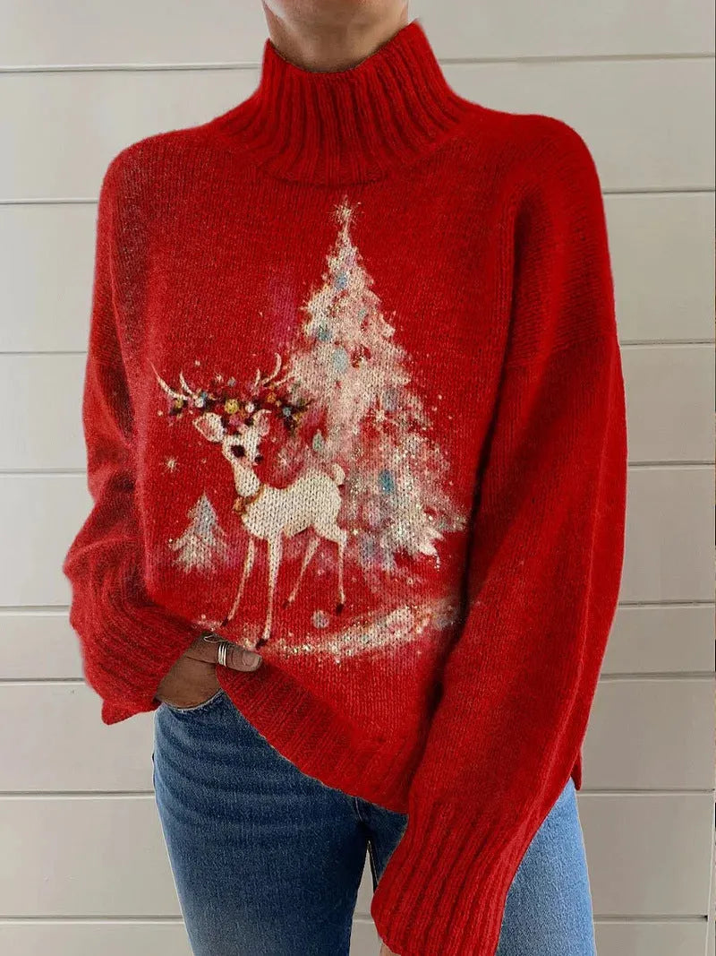 Women's Christmas printed turtleneck sweater with painting pattern in macaron colour