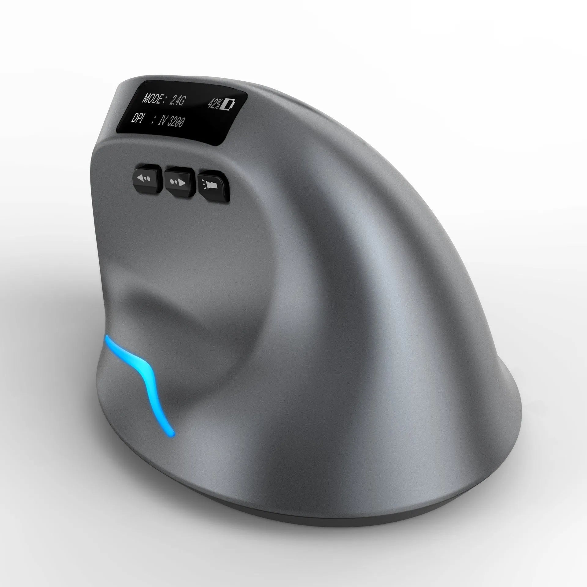 Grey ergonomic vertical wireless mouse with Bluetooth and dual charging.