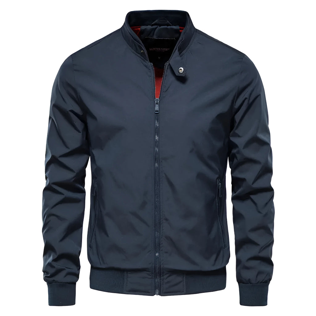 Men's casual lightweight polyester jacket in solid colour options including dark blue, black and army green