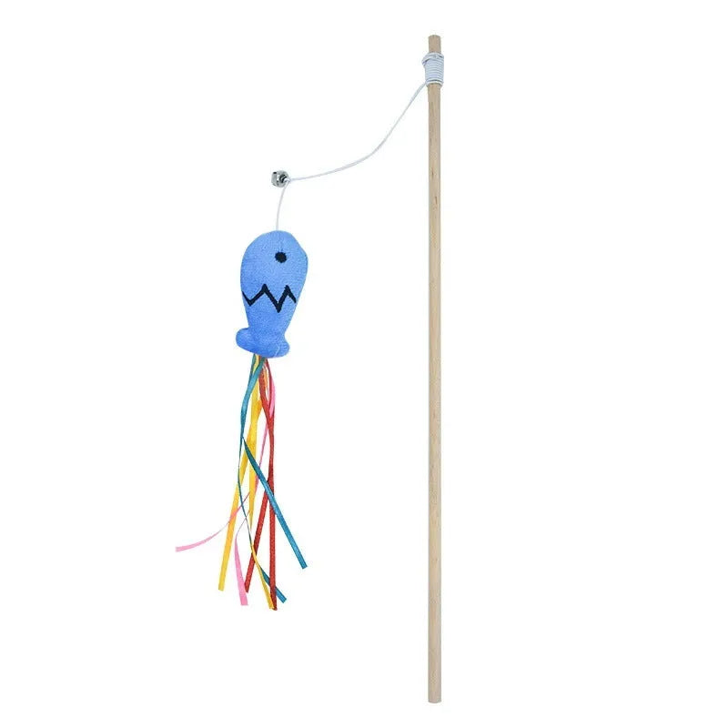 Cat wand toy with wooden handle, colourful ribbons, catnip fish attachment, and bell for interactive play