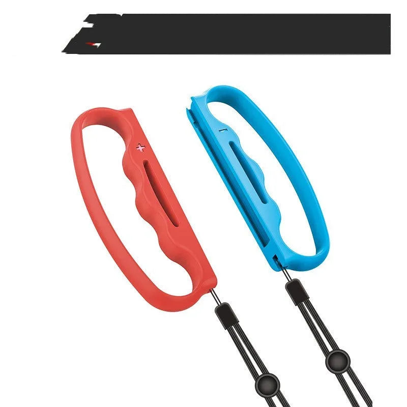 Two Joy-Con controller grips with hand ropes in black and blue red colours