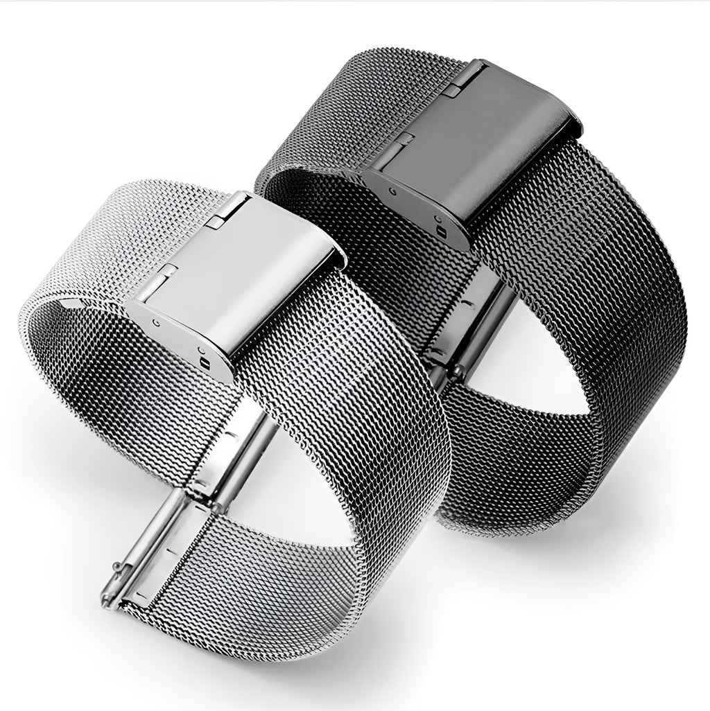 Milani natural style silk woven stainless steel watch band in silver, shown with multiple bandwidth size options.