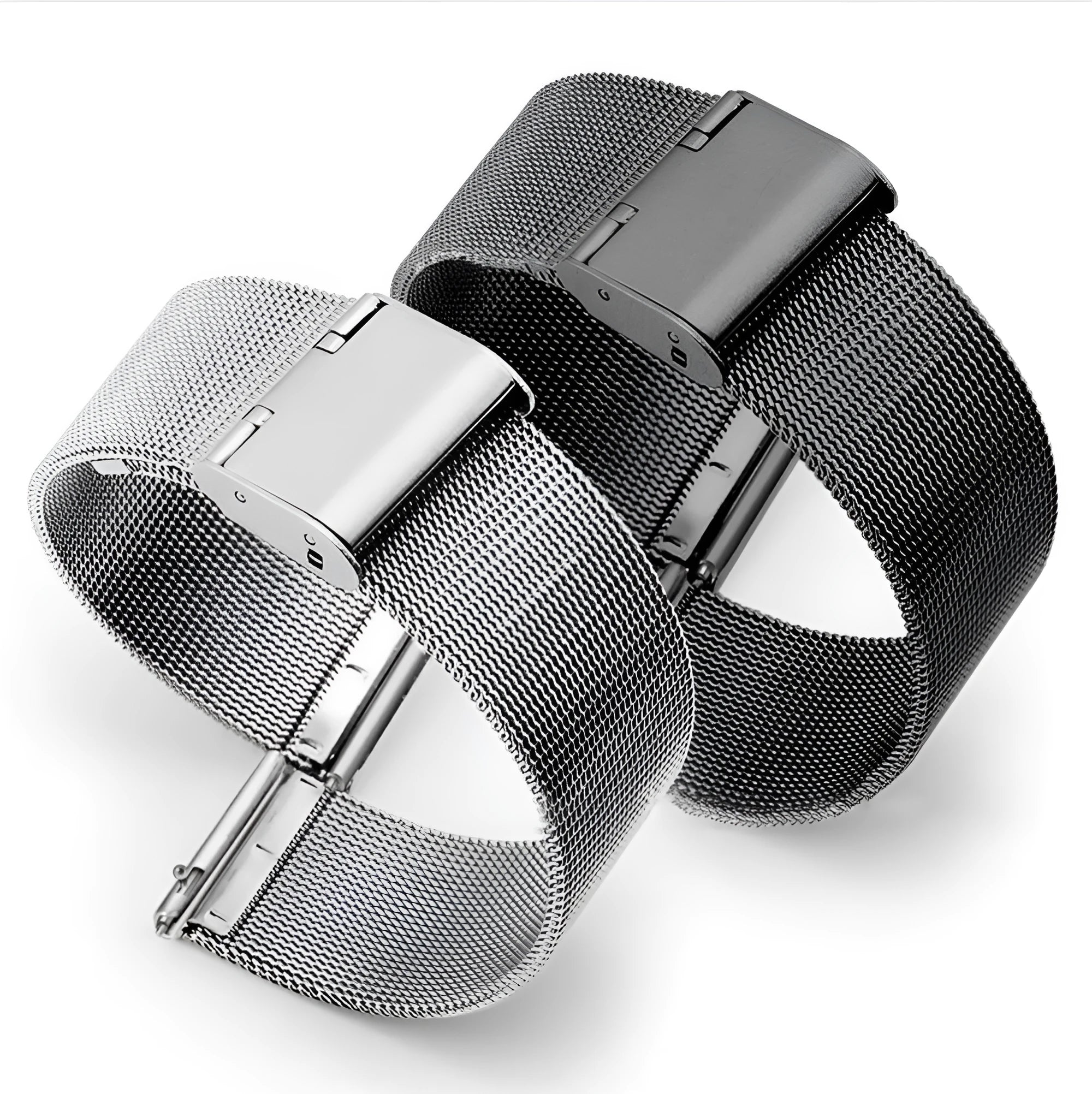 Milani natural style silk woven stainless steel watch band in silver, shown with multiple bandwidth size options.