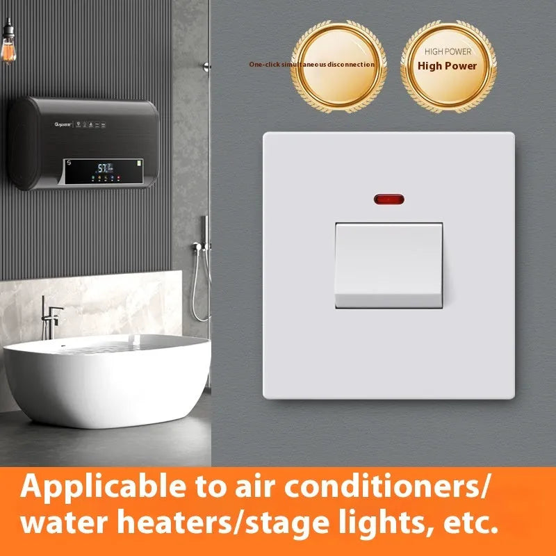 Curved rack high-power switch with light panel in gold, grey, or white for 25A/45A water heater and air conditioner circuits
