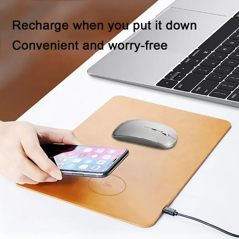 Brown leather wireless charging mouse pad with micro USB cable for desk phone charging