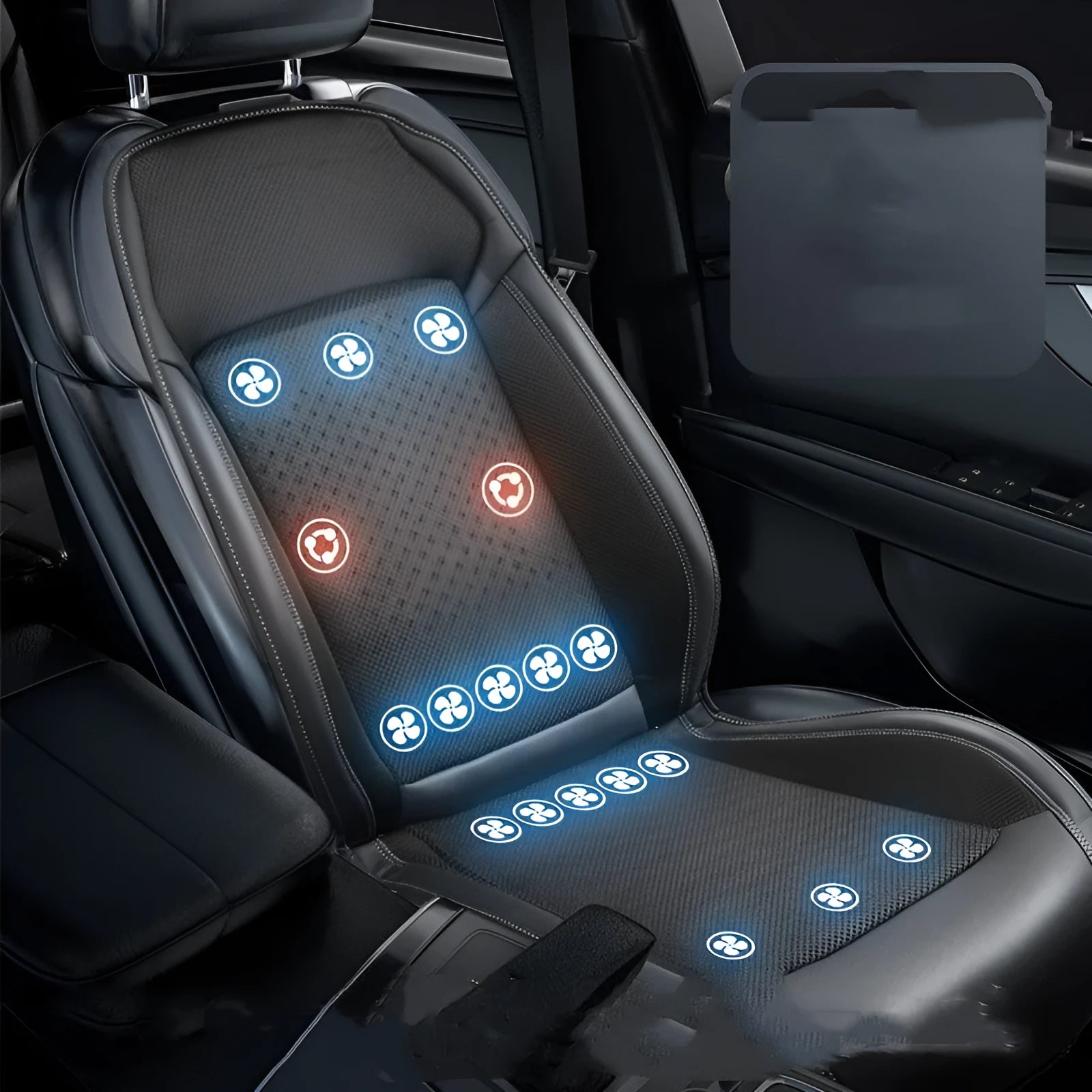 12V car cooling seat cushion with massage function in black minimalist design