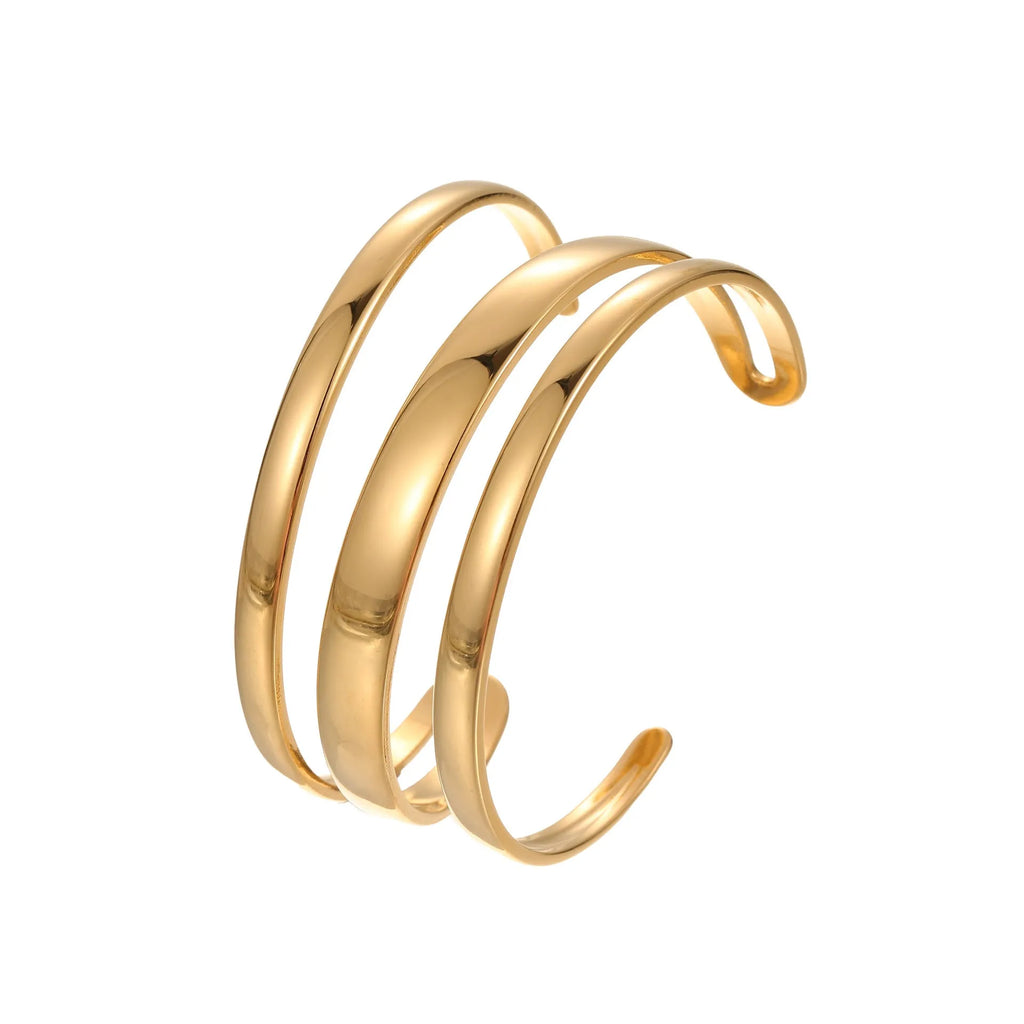 Women's stainless steel bracelet with 18K gold electroplating in geometric open design with line elements