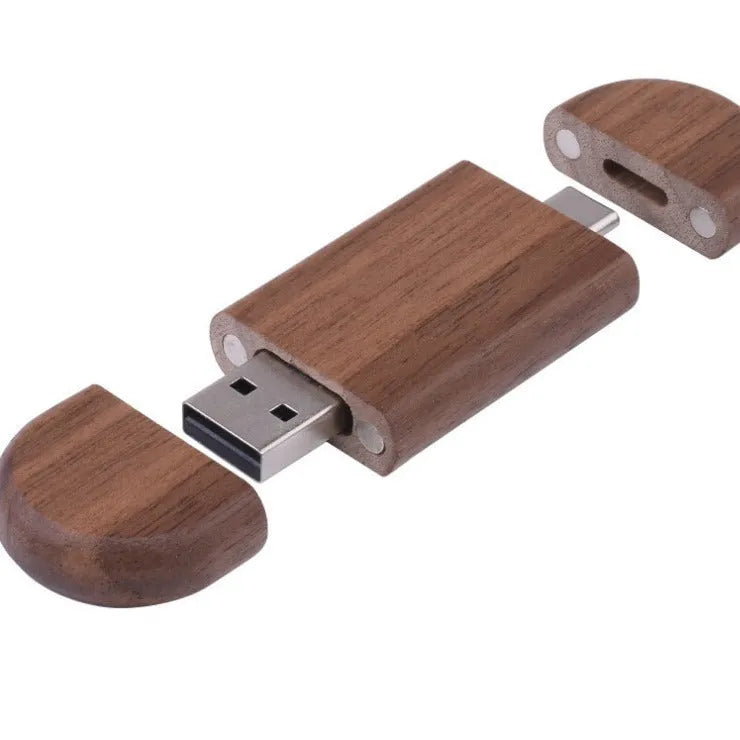 Maple wood carved USB flash drive with Type-C phone connector showing custom engraving