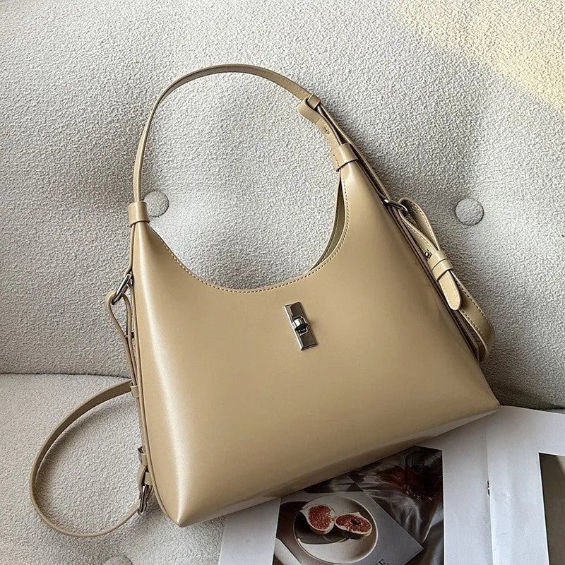 Genuine leather crossbody shoulder bag in dumpling shape with external sandwich pocket