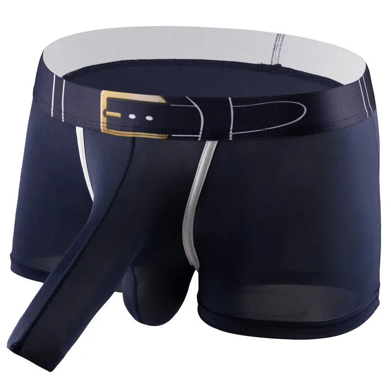 Men's solid colour ice silk boxers in mid-waist design showing grey, black, green, blue colour options