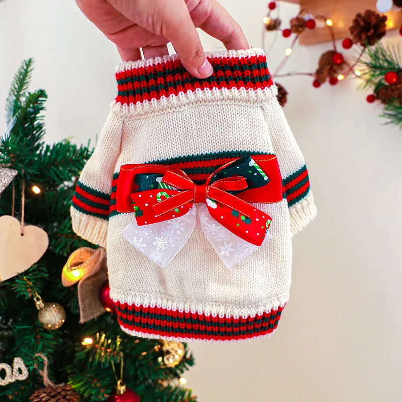 Red or green polyester knit Christmas sweater for small to medium dogs and cats on a festive background