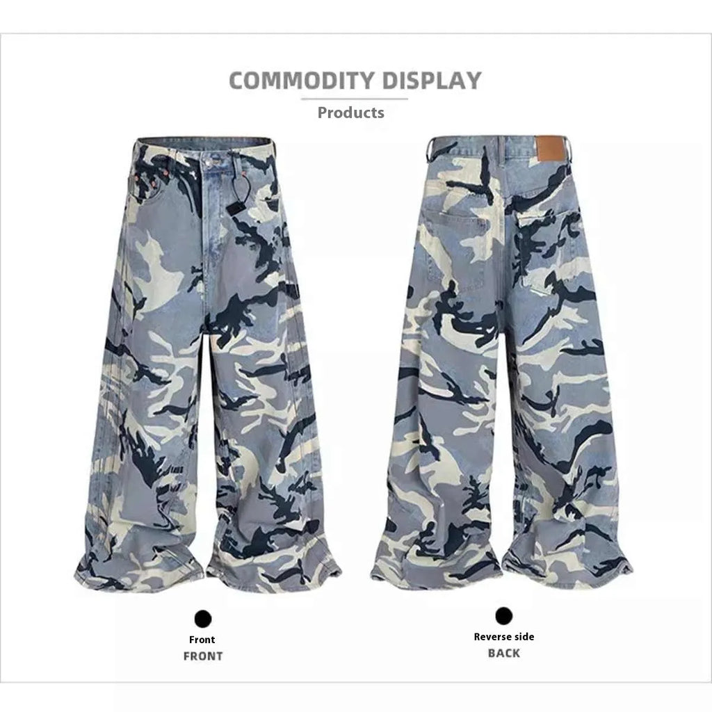 Snow camouflage blue loose fit jeans with micro-elastic denim fabric