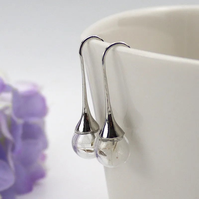 16mm transparent glass ball earrings with crystal dandelion seed detailing on French hooks