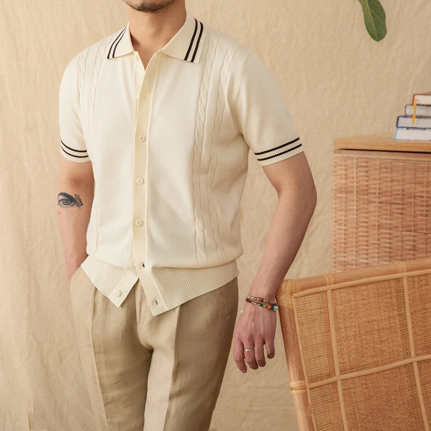 Cotton blend short-sleeved polo shirt with a lapel collar in apricot colour
