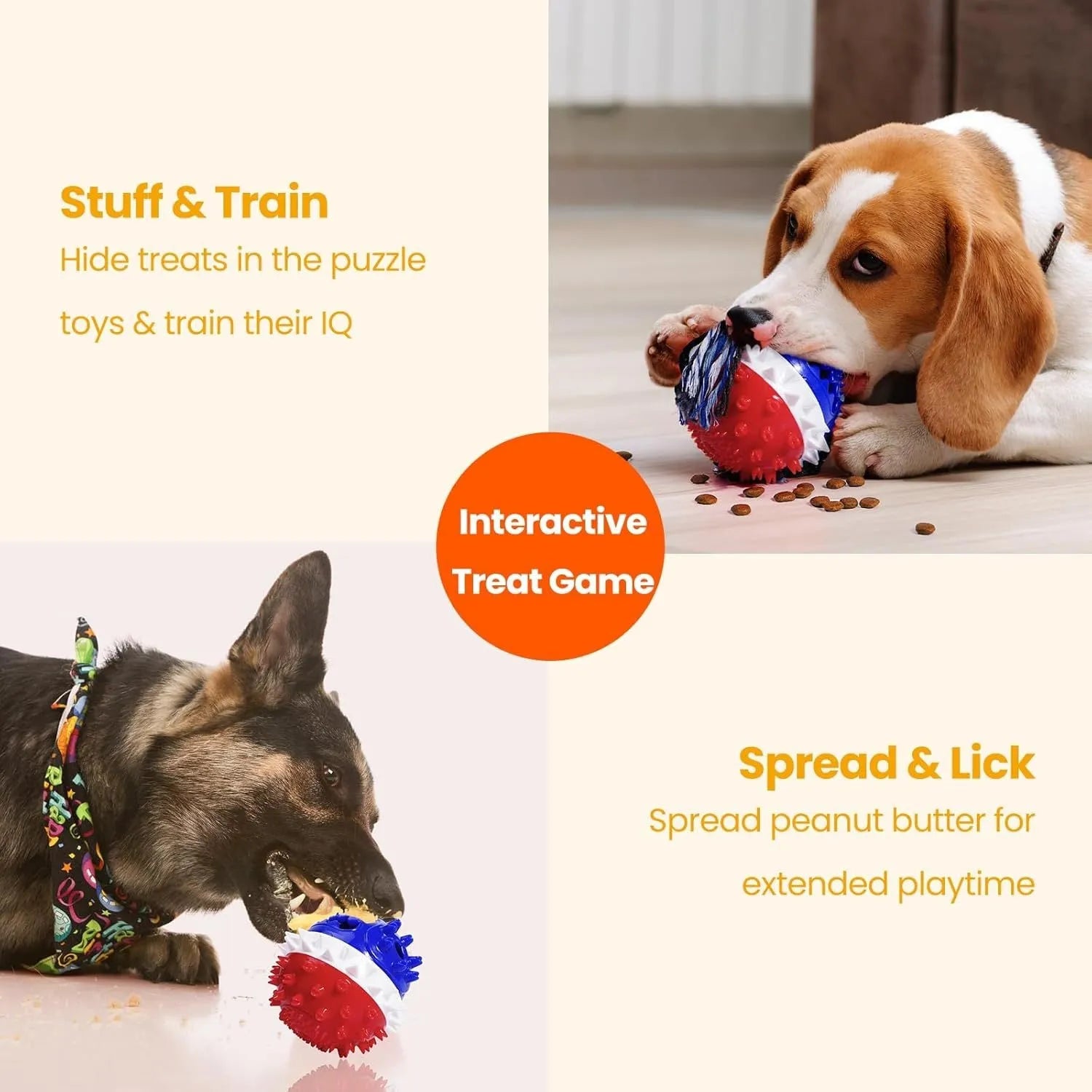 Blue and red bouncy ball dog chew toy with rope and treat hole for aggressive chewers