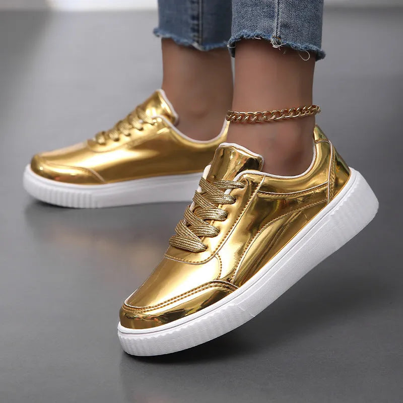 Unisex rose gold sequin platform sneakers with thick sole and round toe.