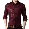 Slim fit men's shirt dress with gold stripe print, long sleeves, lapel collar, in black