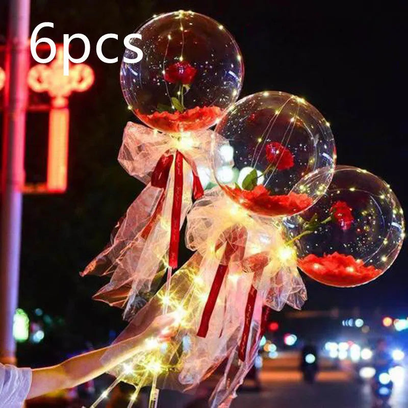Transparent round LED luminous balloon rose bouquet with artificial flower and lights for DIY assembly